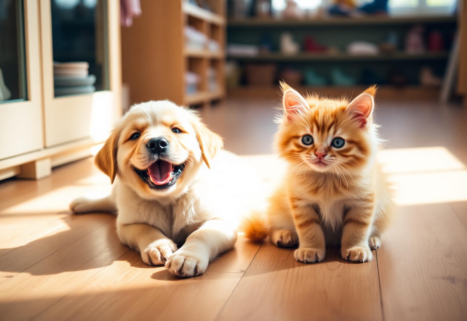 A happy golden puppy and an orange kitten in the Purrfect Pets store